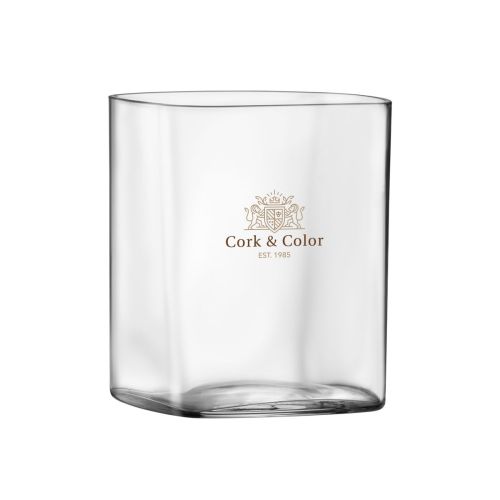 Top Class Tumbler vierkant 29 cl met gegraveerd CoffeeCo-logo op de voorzijde van het heldere tumblerglas.