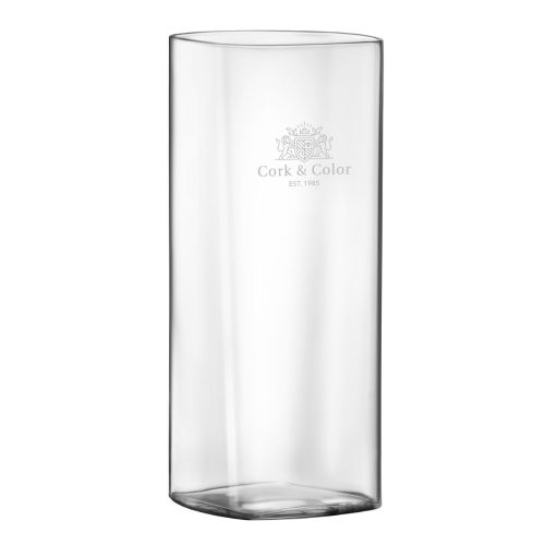 Vooraanzicht van de Top Class Tumbler vierkant 41 cl met subtiele CorkColor-gravure in het transparante glas.