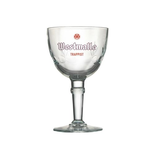 Transparant Westmalle bierglas van 33 cl met kelkvorm en brede voet in helder glas.