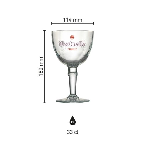 Infographic van Westmalle bierglas 33 cl in glas met afmetingen zoals hoogte en diameter weergegeven.