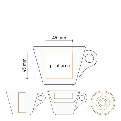 Technische werktekening van drukgebied op Baristo Cappuccino 21 cl. SET met logopositie op kop en schotel.