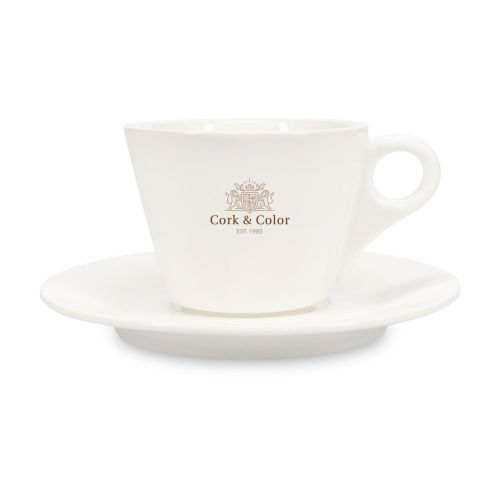 Porseleinen SET Baristo Cappuccino 21 cl. met meerkleurig CorkColor-logo op het vooraanzicht van de kop.