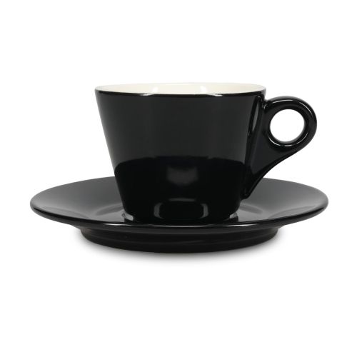 Vooraanzicht van Baristo Cappuccino 21 cl. SET porselein met zwart-wit kopje en bijpassende schotel.