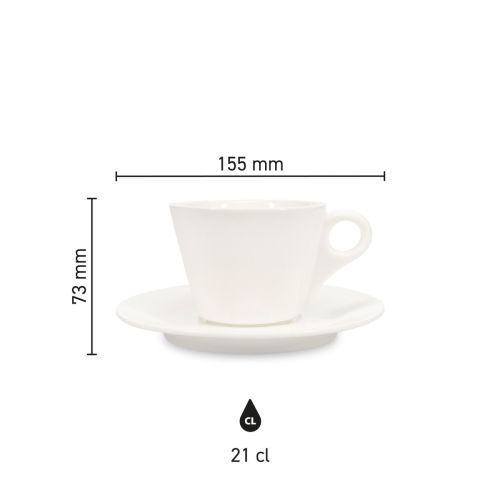 Infographic toont hoogte, diameter en inhoud van Baristo Cappuccino 21 cl. SET porselein.