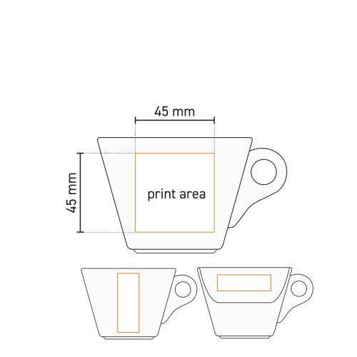 Gedetailleerde werktekening van drukgebied op de Baristo Cappuccino Kop 21 cl. porselein, inclusief logopositie.