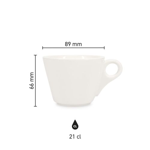 Infographic toont productafmetingen van de Baristo Cappuccino Kop 21 cl. porselein, inclusief hoogte en diameter.