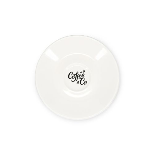 Porseleinen espressoschotel van 12,5 cm met enkelkleurig CoffeeCo-logo op het middenvlak.