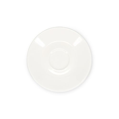 Ronde Baristo Espresso Schotel van 12,5 cm in wit porselein, weergegeven in frontaal aanzicht.