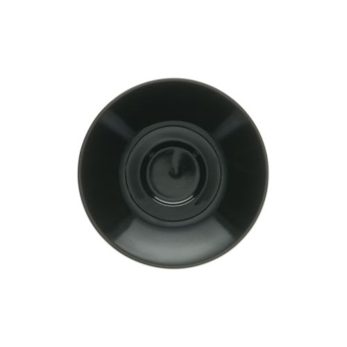 Ronde Baristo Espresso Schotel van 12,5 cm in zwart porselein, weergegeven in frontaal aanzicht.