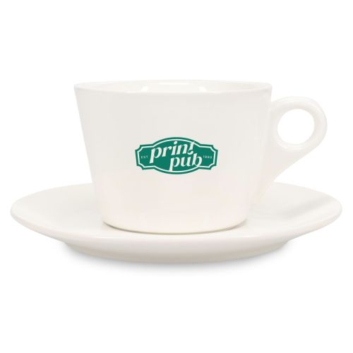 Baristo Latte porseleinset met kopje van 28 cl. voorzien van een enkelkleurig PrintPub-logo.