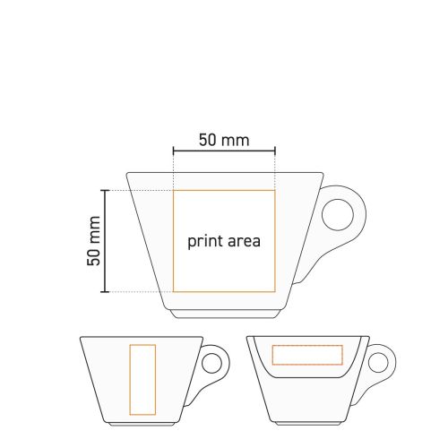 Technische werktekening van Baristo Latte Kop 28 cl met aanduiding van drukgebied op porselein.