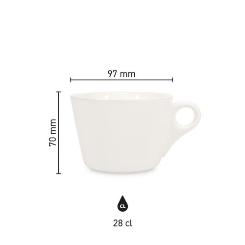 Infografiek met hoogte, diameter en inhoud van porseleinen Baristo Latte Kop 28 cl.