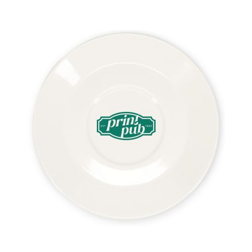 Porseleinen Baristo Latte Schotel 16,5 cm met centraal geplaatst PrintPub-logo in één kleur.