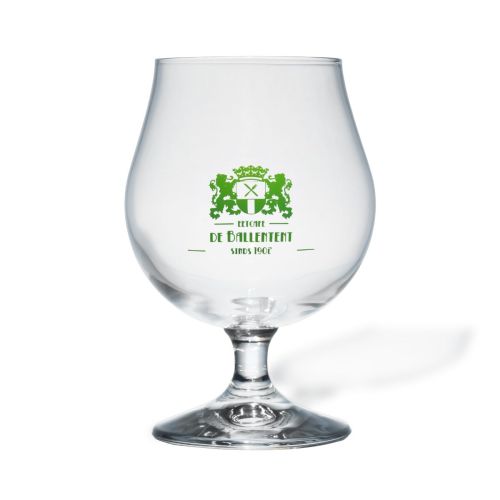 Bierglas Breughel 38 cl van helder glas met éénkleurig logo van Eetcafé De Ballentent op vooraanzicht