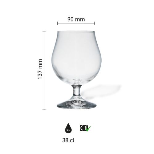 Infographic met maatvoering van Breughel bierglas 38 cl., met hoogte- en diameteraanduidingen in millimeters.