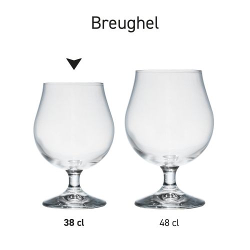 Serie Breughel bierglazen met verschillende inhouden, gegroepeerd als informatief overzicht.
