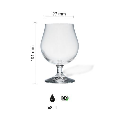 Infographic shows product dimensions of Breughel beer glass 48 cl, with height and diameter in detail.