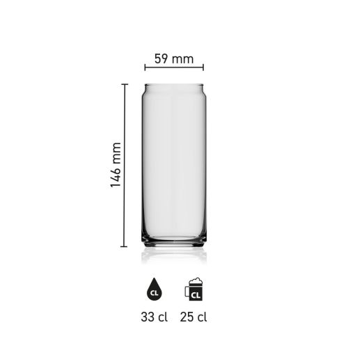 Dimensions of the Beer Glass Can 33 cl. showing height, diameter and capacity in an infographic