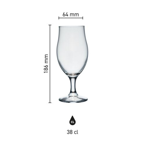 Dimensions of the Executive 38 cl beer glass, showing height, diameter and capacity in an infographic