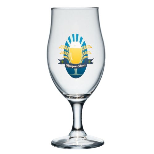 Executive beer glass, 53 cl, with a multicoloured Raadgever Blond logo on the front