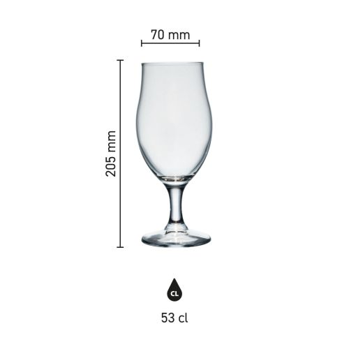 Dimensions of the Executive 53 cl beer glass, showing height, diameter and capacity in an infographic