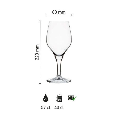 Dimensions of transparent Beer glass Ronceva on foot 57 cl with height, diameter and capacity in infographic