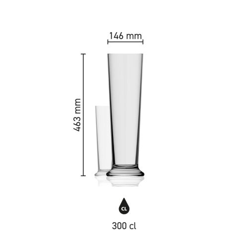 Maatvoering van het Bierglas Stange XXL 3,0 liter glas met hoogte, diameter en inhoud in infographic