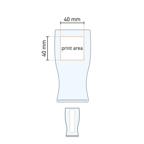 Werktekening toont drukgebied op bierglas Tulip stapel 28 cl, met gemarkeerde bedrukbare zones.