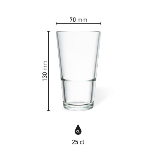 Maatvoering van het Bierglas Vaasje stapel 25 cl. van glas met hoogte, diameter en inhoud in infographic
