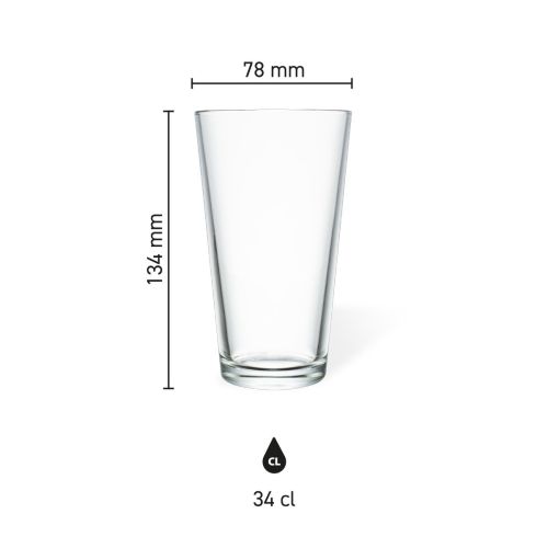Product dimensions of the Beer Pint glass 34 cl. shown in a technical infographic.