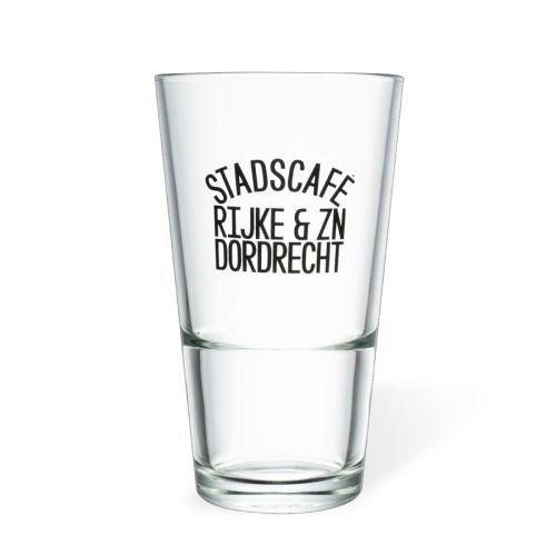 Transparent beer glass Vase Stack 34 cl glass with unicolour logo of Stadscafé Rijke &amp; zn Dordrecht on the front panel