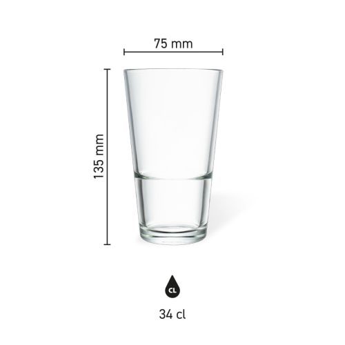 Infographic showing dimensions of beer glass Vase Stack 34 cl. including diameter and height.