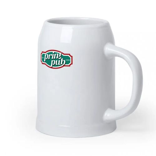 Front of beer mug Hamburg 70 cl with multi-coloured logo 'PrintPub', clearly visible on porcelain.