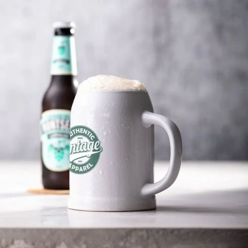 Filled beer mug Hamburg 70 cl with printed logo, placed in atmospheric setting on the table.