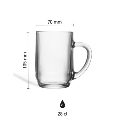 Infographic met productafmetingen van de Hayworth bierpul 28 cl., inclusief hoogte en diameter.