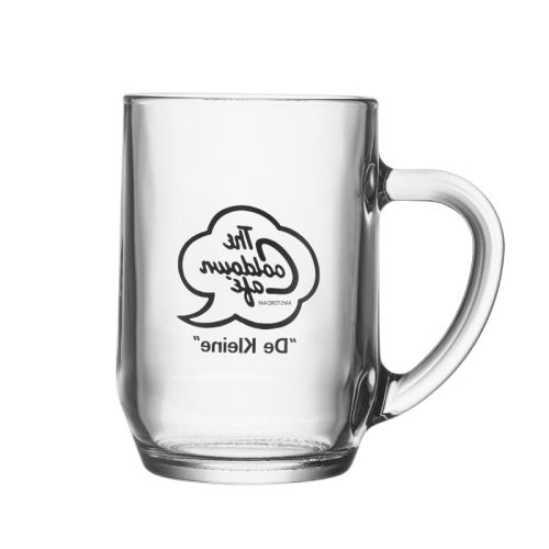 Beer mug Hayworth 56 cl. glass front view with 1-colour logo TheCooldownCafé on clear transparent glass.