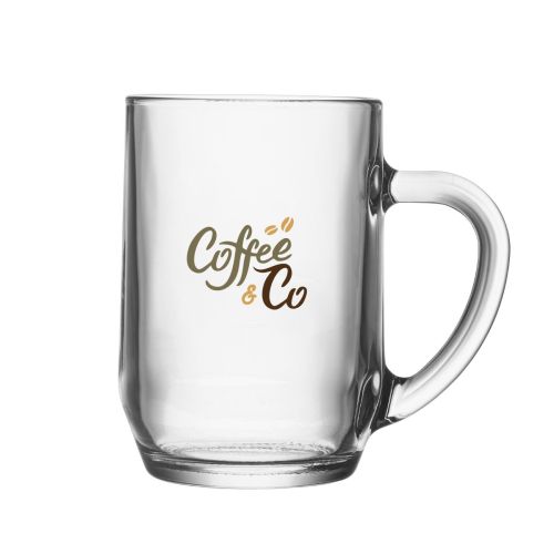 Multicoloured CoffeeCo logo on the Hayworth beer mug 56 cl, printed on glass.