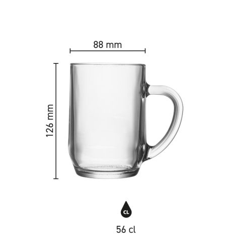 Infographic showing technical dimensions of the Hayworth beer mug 56 cl, including contents and height.
