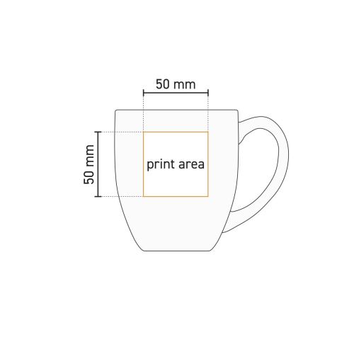 Technische werktekening van Big Drink mok 45 cl. porselein met gemarkeerd drukgebied. Technische werktekening van Big Drink mok 45 cl. porselein met gemarkeerd drukgebied.
