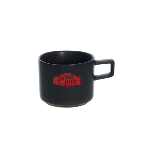 Porcelain espresso cup 9 cl with red PrintPub logo printed in one colour on the front face.