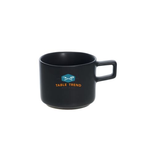 Blackwell Espresso Cup 9 cl in black porcelain with multi-coloured TableTrend logo printed on the front.