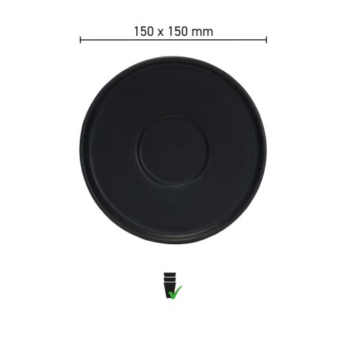 Infographic met de productafmetingen van de Blackwell koffieschotel van 15 cm, uitgevoerd in porselein.