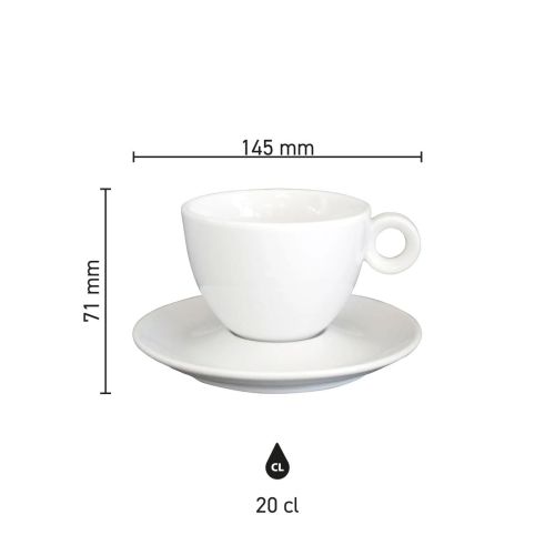 Infographic met productafmetingen van Bola cappuccino 20 cl. set van porselein.