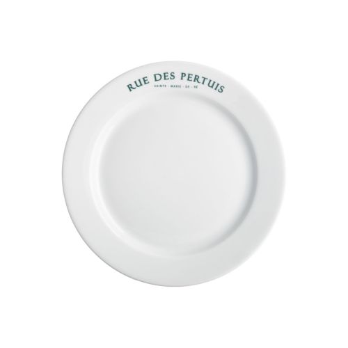 Bord met brede rand wit 17 cm porselein met eenkleurig logo van Rue des Pertuis op de rand
