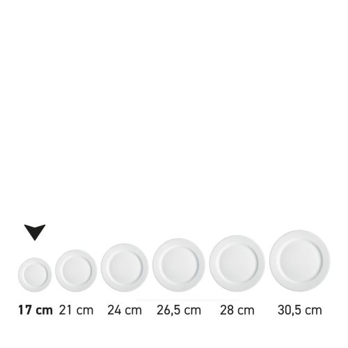 Bord met brede rand wit 17 cm porselein in serie, meerdere exemplaren naast elkaar getoond