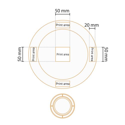 Technische werktekening van het bord met brede rand wit 24 cm porselein met drukgebied-aanduiding