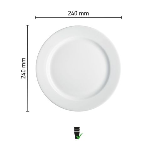 Maatvoering van het bord met brede rand wit 24 cm porselein met diameter en randbreedte in infographic