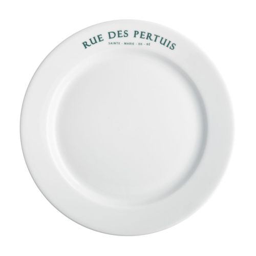 Bord met brede rand wit 26,5 cm porselein met eenkleurig logo van Rue des Pertuis op de rand