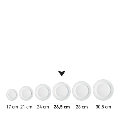 Bord met brede rand 26,5 cm van wit porselein in serie met meerdere exemplaren naast elkaar getoond