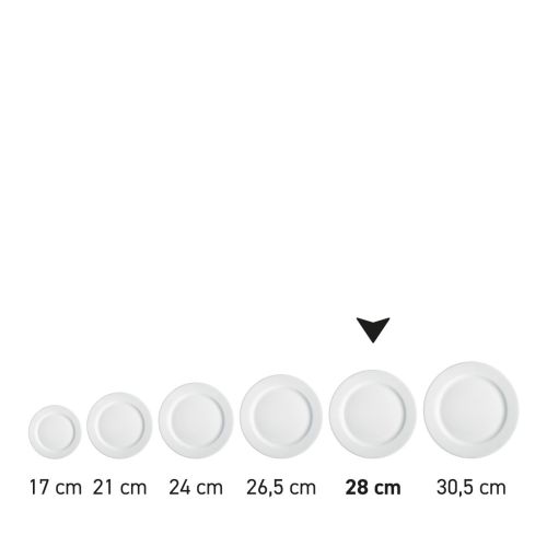 Bord met brede rand wit 28 cm porselein in serie, meerdere exemplaren naast elkaar getoond